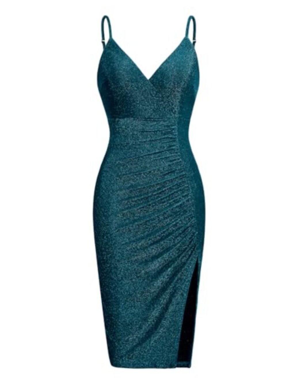 Sequin Bodycon Midi Dress V-Neck Spaghetti Strap Ruched Side Slit Party